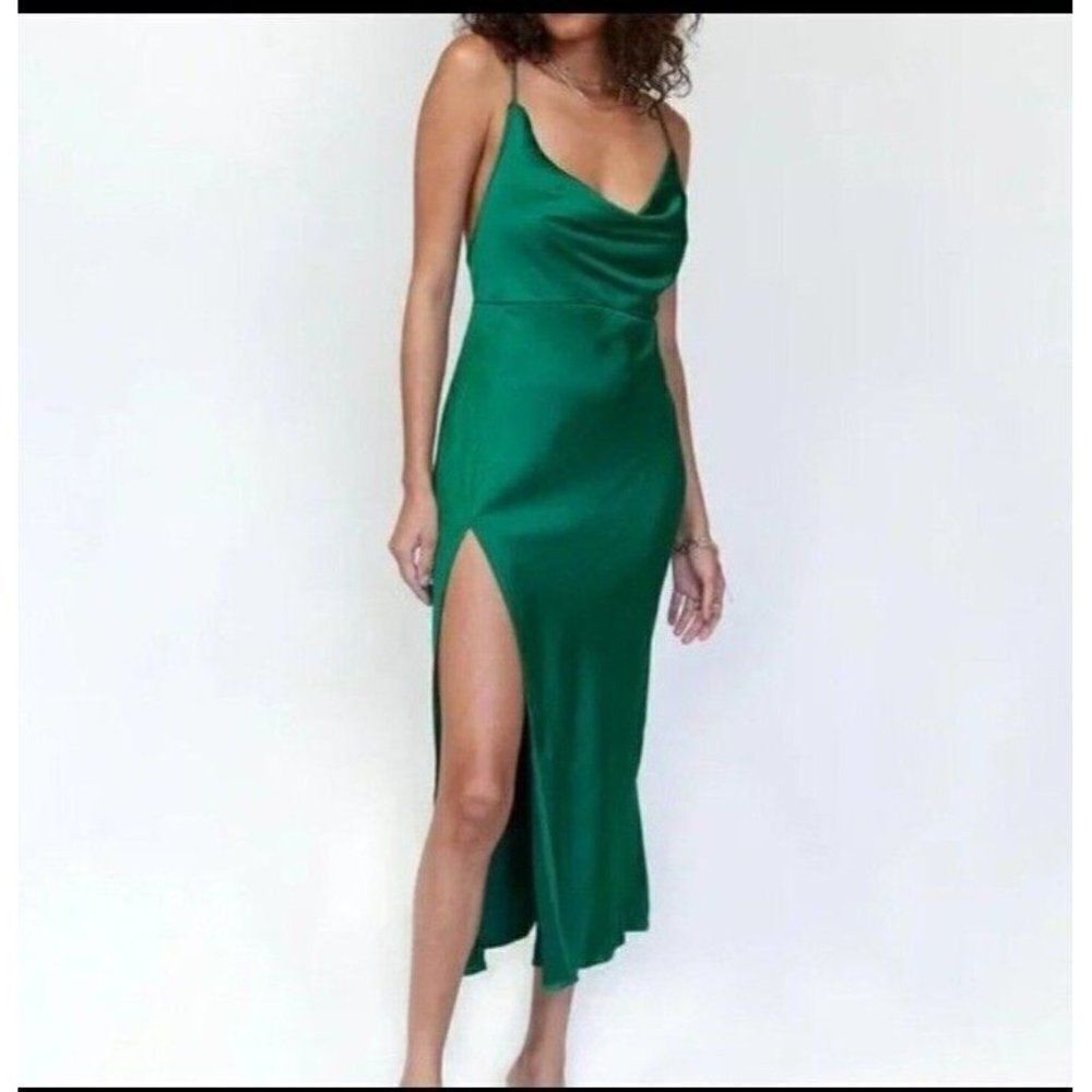 Lioness Slip Dress Size Large Green Satin Walk The Line Side Split Midi